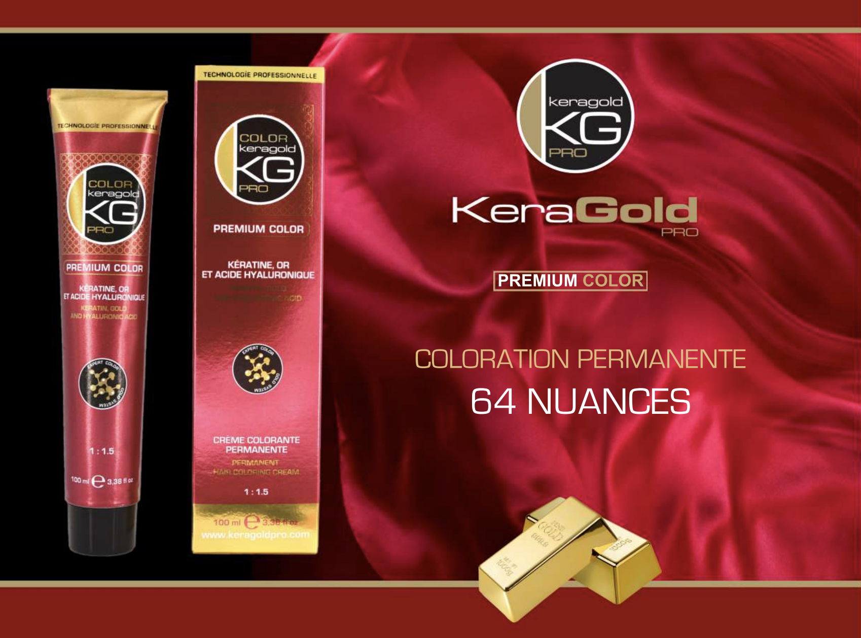 Une boîte et un tube de coloration capillaire Keragold KG Pro, couleur or, avec une broderie rouge en arrière-plan.