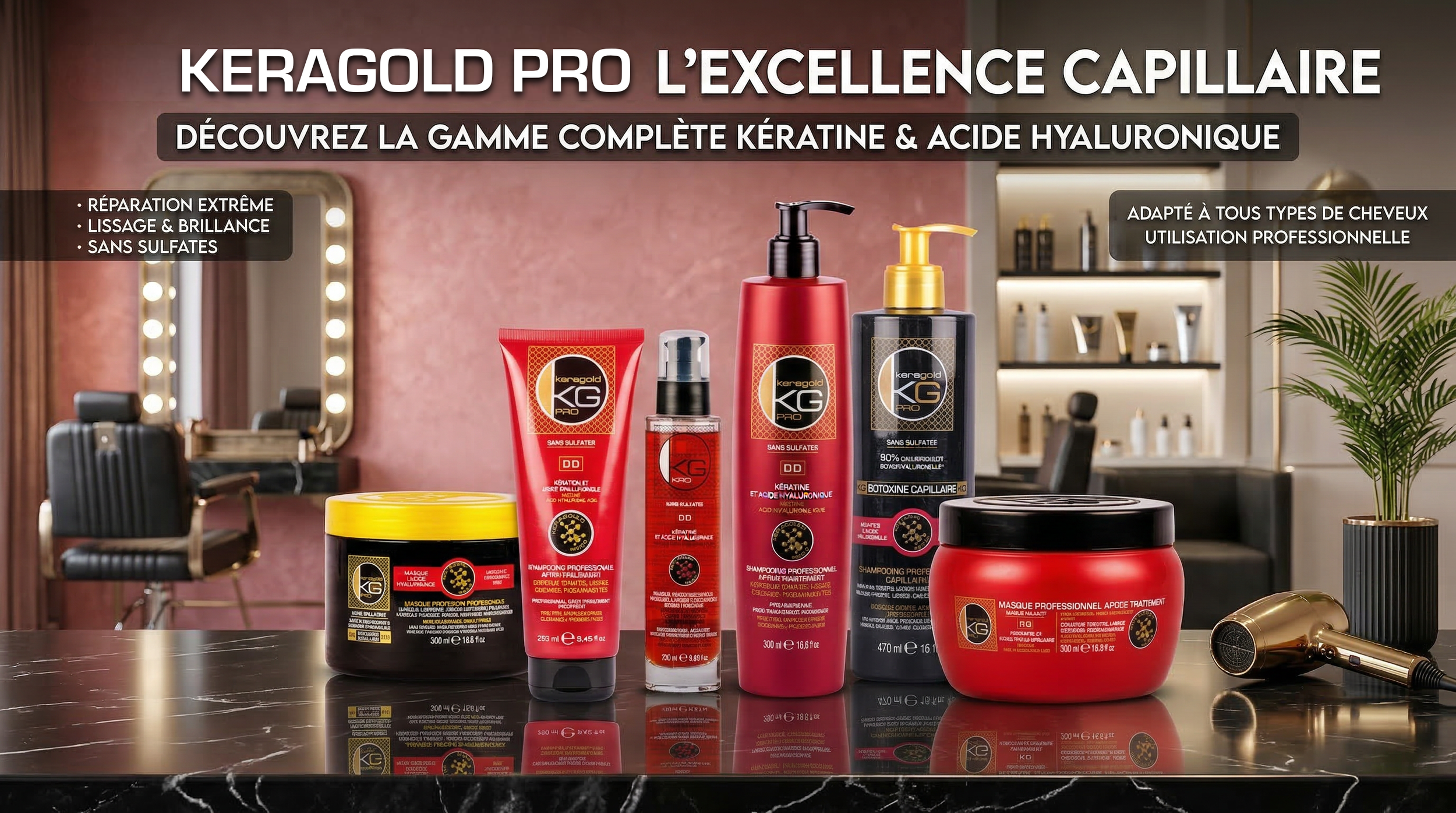 Affiche promotionnelle de produits capillaires professionnels 'keragold KG PRO', avec des flacons, pots et tubes de shampoing, masque et soins pour cheveux, décorée de feuilles dorées.