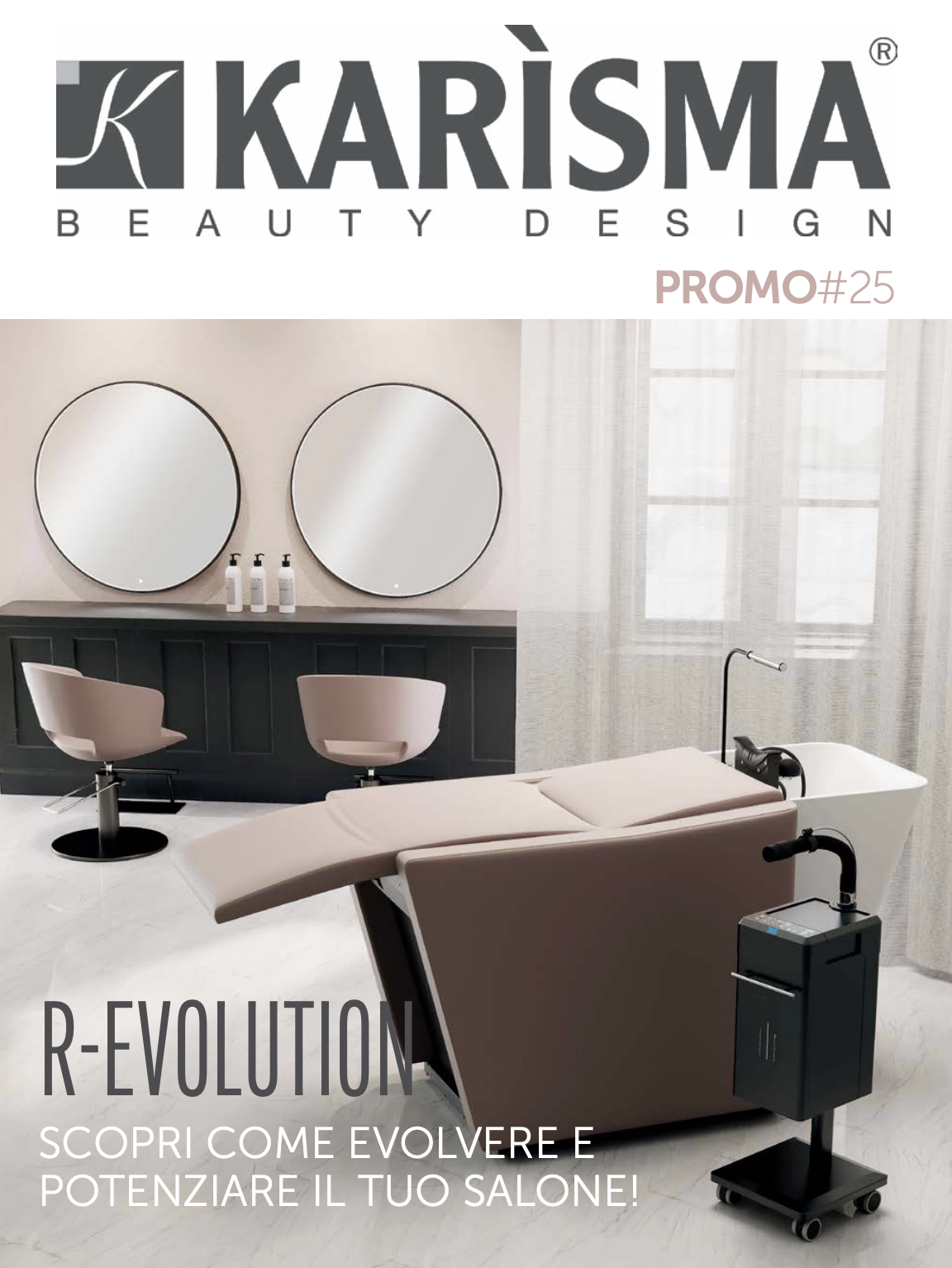 Une brochure publicitaire pour un salon de beauté, présentant une chaise de soin beige, deux grands miroirs ronds, deux chaises roses, une machine pour traitements esthétiques, et un décor intérieur lumineux avec des rideaux blancs.