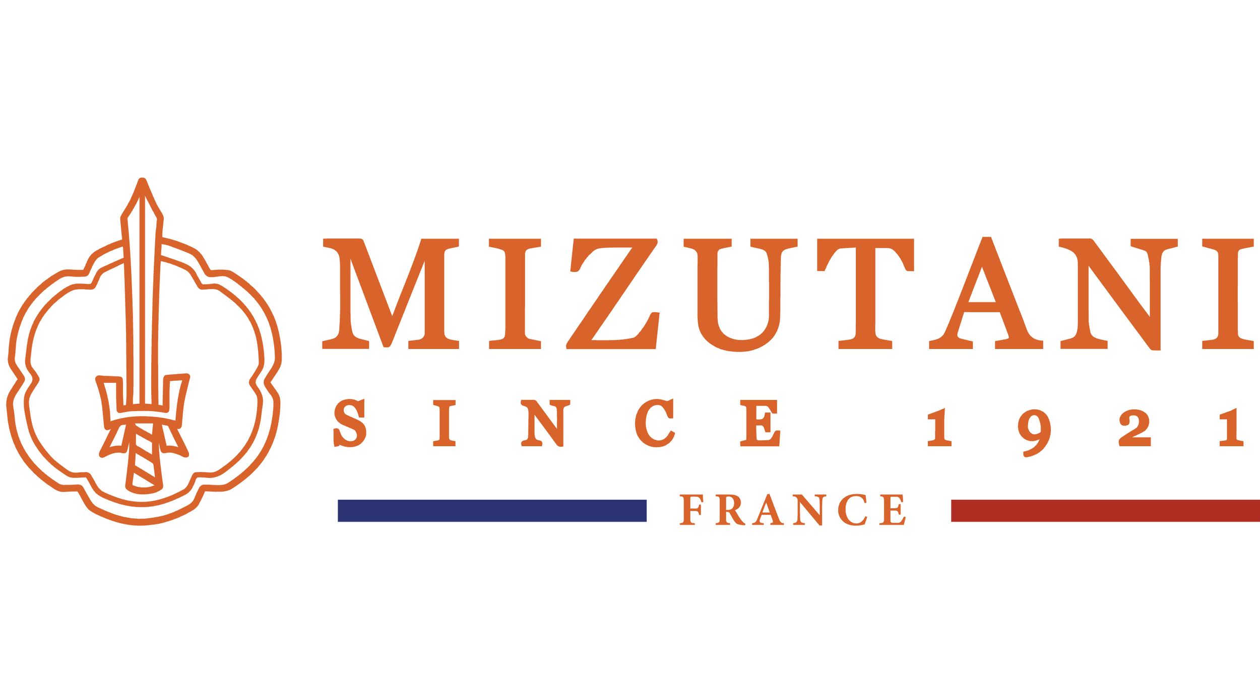 Logo de Mizutani, une entreprise française fondée en 1921, avec un symbole représentant un katana intégré dans un motif floral, utilisant des couleurs orange, bleu et rouge.
