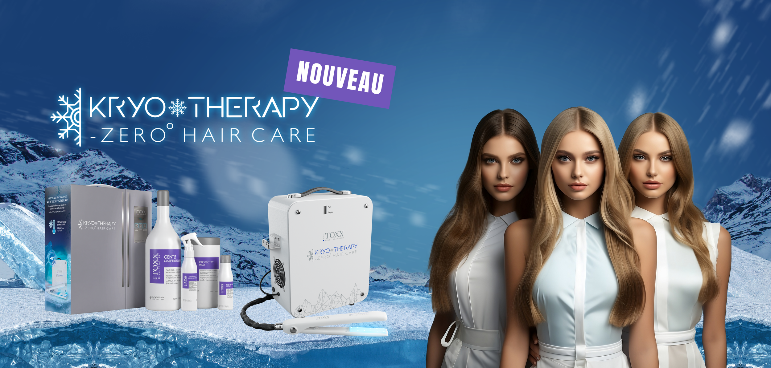 Publicité pour le traitement capillaire Cryo Therapy Zero Hair Care avec des femmes aux longs cheveux blonds dans un paysage glaciaire, mettant en avant un appareil et des produits de soin capillaire.