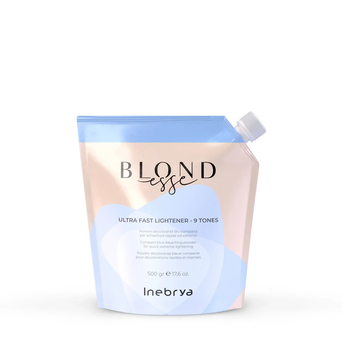 Sachet de décolorant bleu compacte pour éclaircissement rapide, de la marque Inebrya.