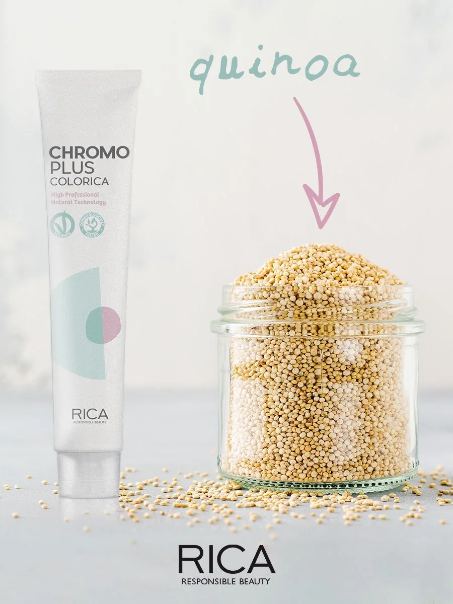 Un tube de crème pour les cheveux à gauche et un pot de quinoa à droite, avec une illustration indiquant le quinoa au-dessus du pot de quinoa.