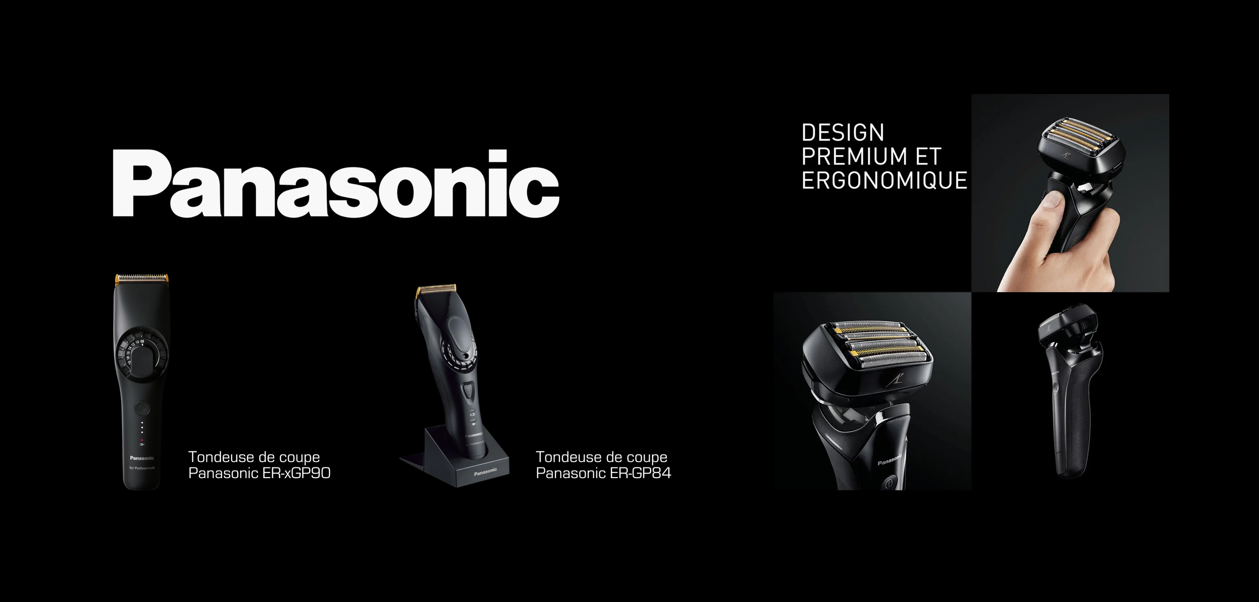 Affiche publicitaire de produits Braun sous le logo Panasonic, présentant deux tondeuses électriques pour cheveux et barbe, avec un design ergonomique et haut de gamme.