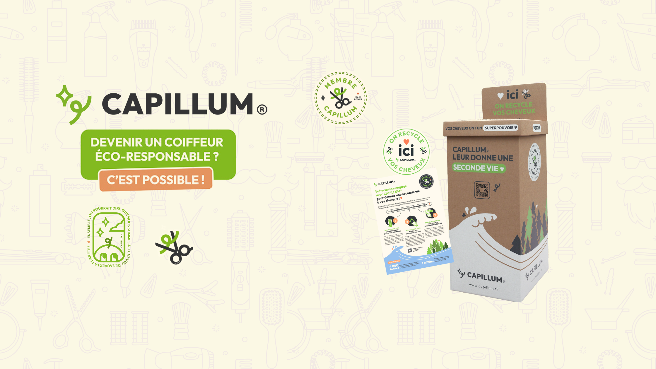 Affiche promotionnelle de Capillum, un salon de coiffure éco-responsable, mettant en avant leur engagement pour le recyclage capillaire et la seconde vie des cheveux, avec un carton de recyclage illustré, un sticker 'ici', un document informatif et l