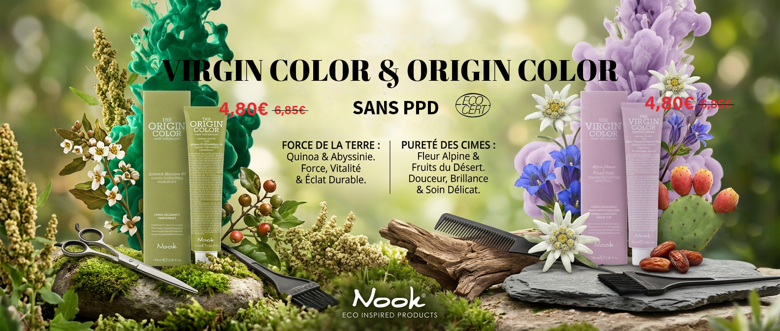 Publicité pour des produits capillaires Virgin Color et Origin Color avec des plantes, des fleurs et des pierres naturelles en fond