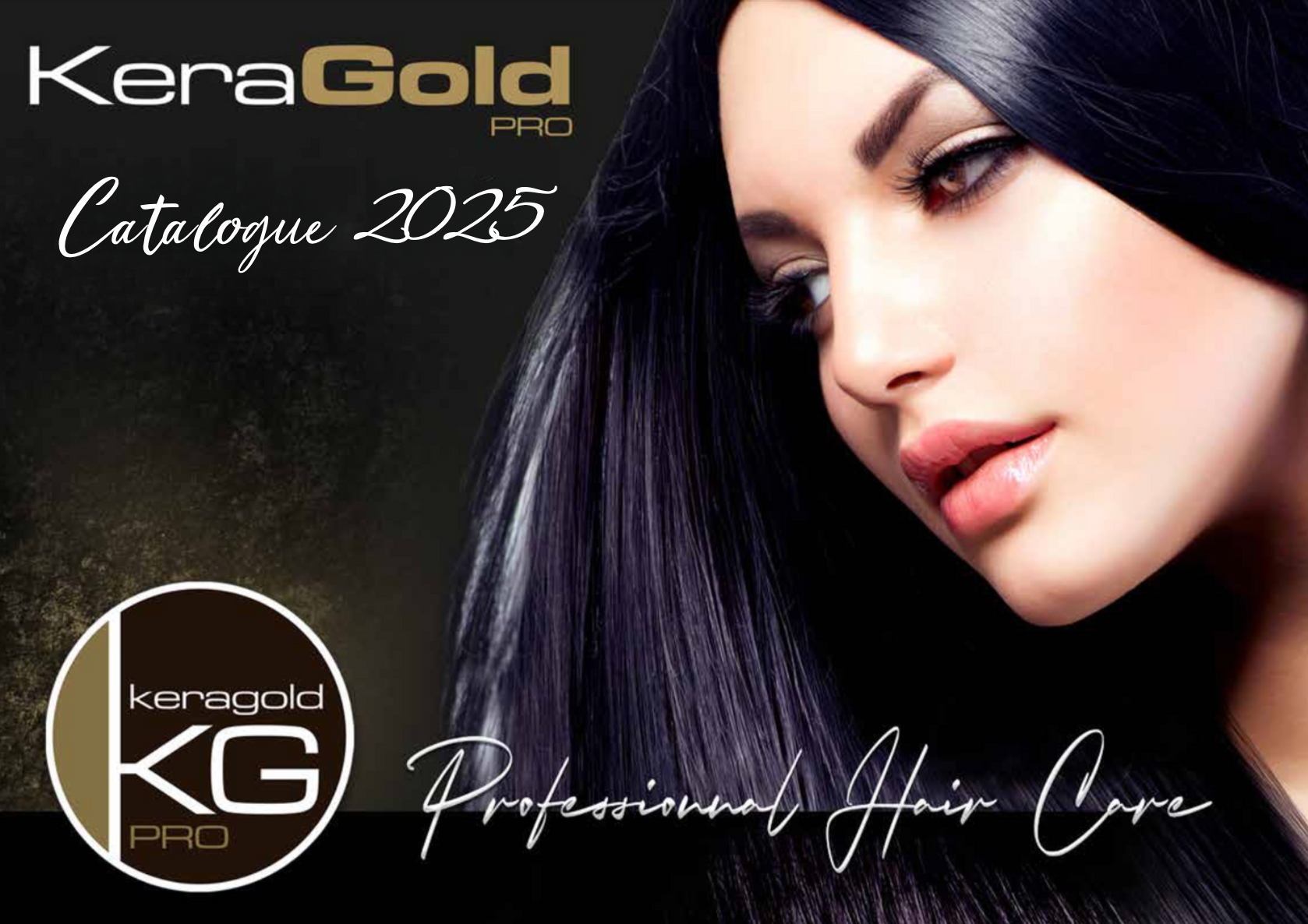 Une couverture de catalogue pour la coloration capillaire KeraGold Pro 2025, montrant une femme aux longs cheveux noirs avec des reflets violets, avec du texte en français et le logo de la marque.
