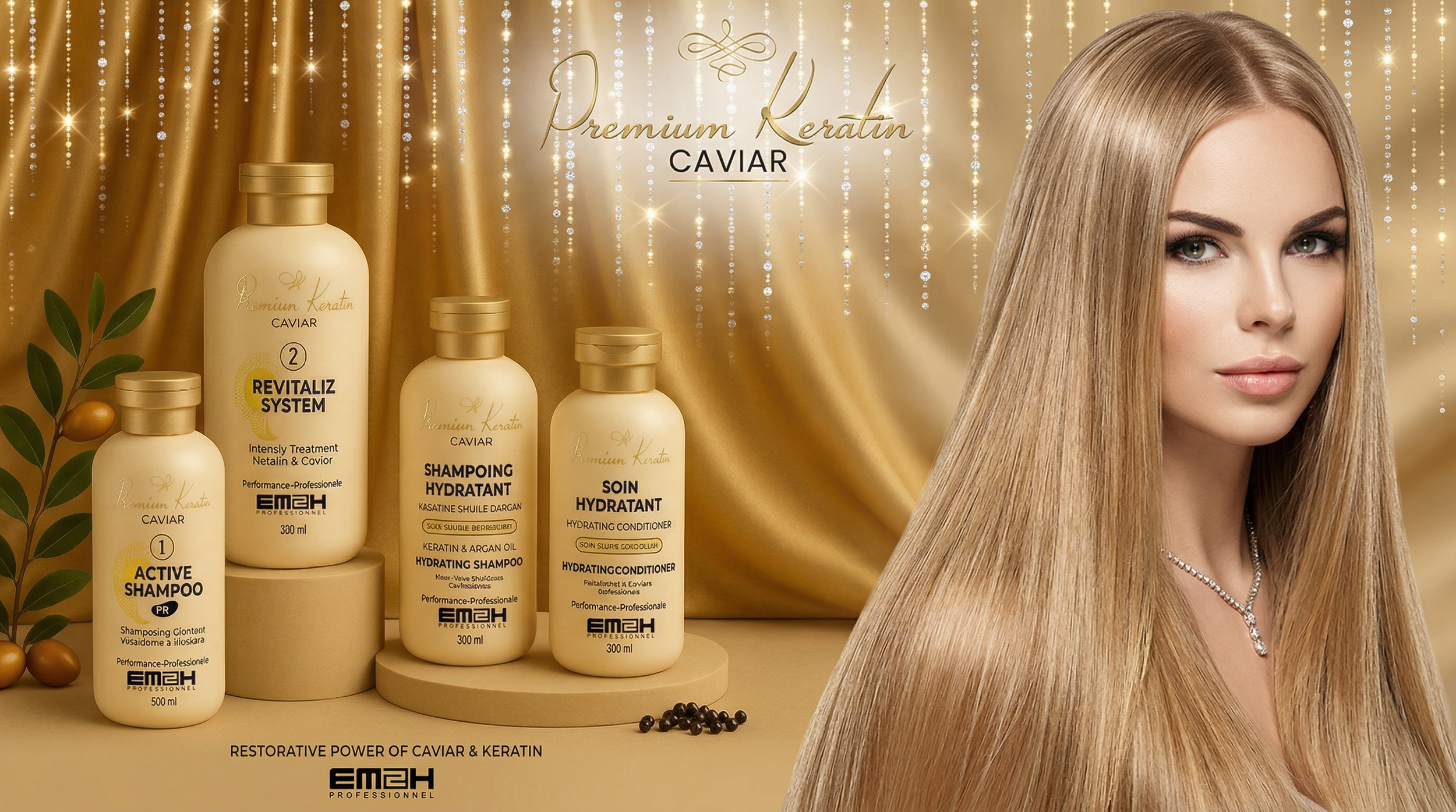 Publicité pour une gamme de produits capillaires à base de caviar et kératine, comprenant shampoing, traitement revitalisant, soin hydratant et shampoing hydratant, avec une femme aux cheveux longs et blonds.
