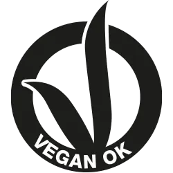 Logo circulaire noir avec une feuille stylisée au centre et la phrase "VEGAN OK" en dessous.