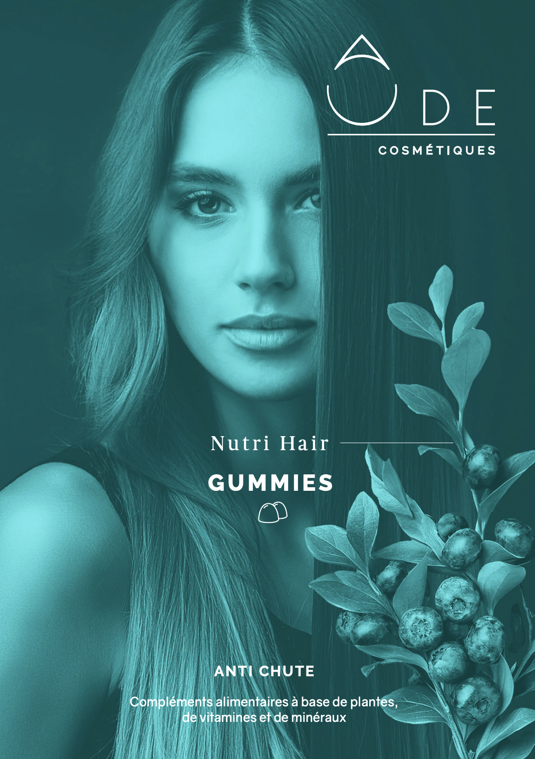 Une boîte de compléments alimentaires Nutri Hair Gummies de la marque AOUE COSMéTIQUES, avec une femme à long cheveux bruns et une branche de plante