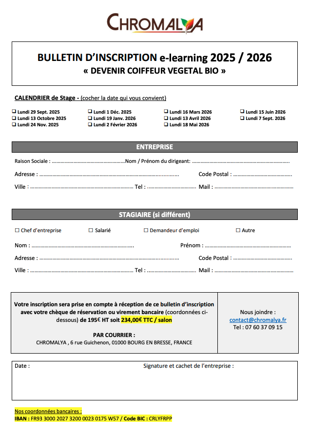 Formulaire d'inscription pour une formation e-learning 2025/2026 chez ChromaLyA, avec calendrier, informations d'entreprise et stagiaire, coordonnées bancaires, et conditions de paiement.