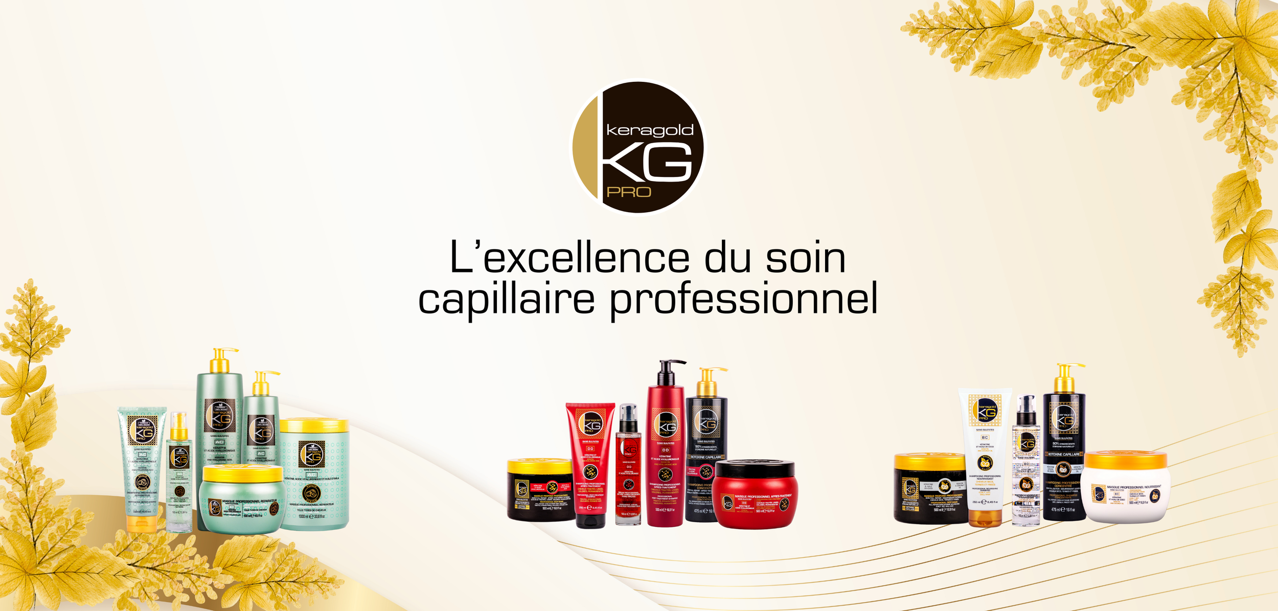 Affiche promotionnelle de produits capillaires professionnuls 'keragold KG PRO', avec des flacons, pots et tubes de shampoing, masque et soins pour cheveux, décorée de feuilles dorées.