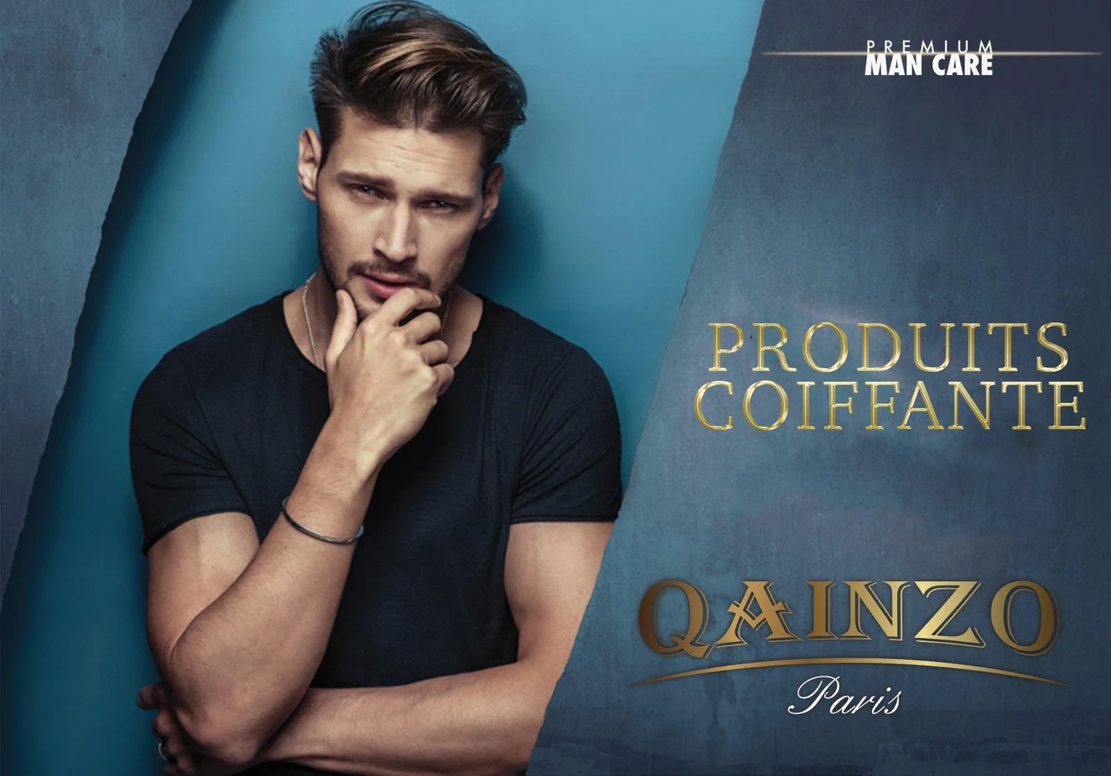 Un homme jeune avec des cheveux bruns, portant un t-shirt noir, pose avec sa main sur le menton et regarde l'objectif. À droite, il y a du texte en français concernant des produits capillaires de la marque Qainzo, avec des mots comme "prod uts coiffa