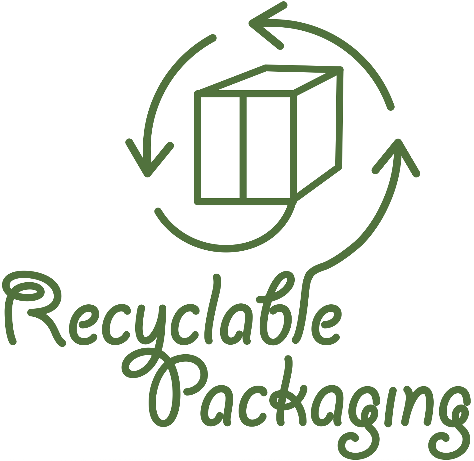 Icône verte illustrant un cube avec flèches circulaires autour, symbole de recyclage pour l'emballage.