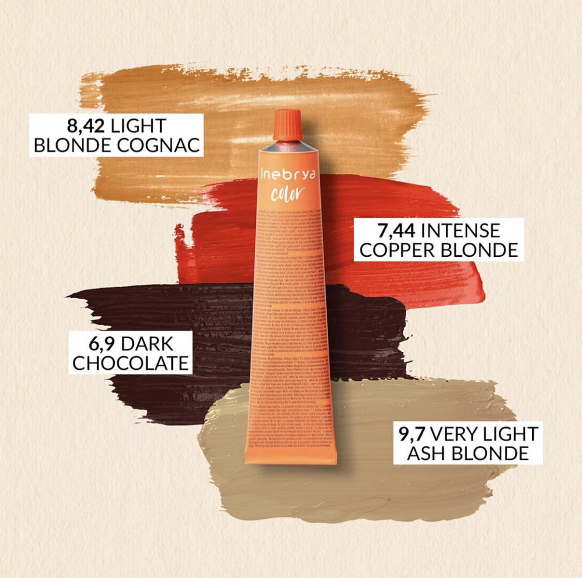 Une illustration de tube de peinture de couleur orange avec quatres couleurs de peinture en arrière-plan : blond cognac, cuivre blond intense, chocolat foncé, et blond très clair ash blond. Chaque couleur est étiquetée avec ses valeurs de teinte.