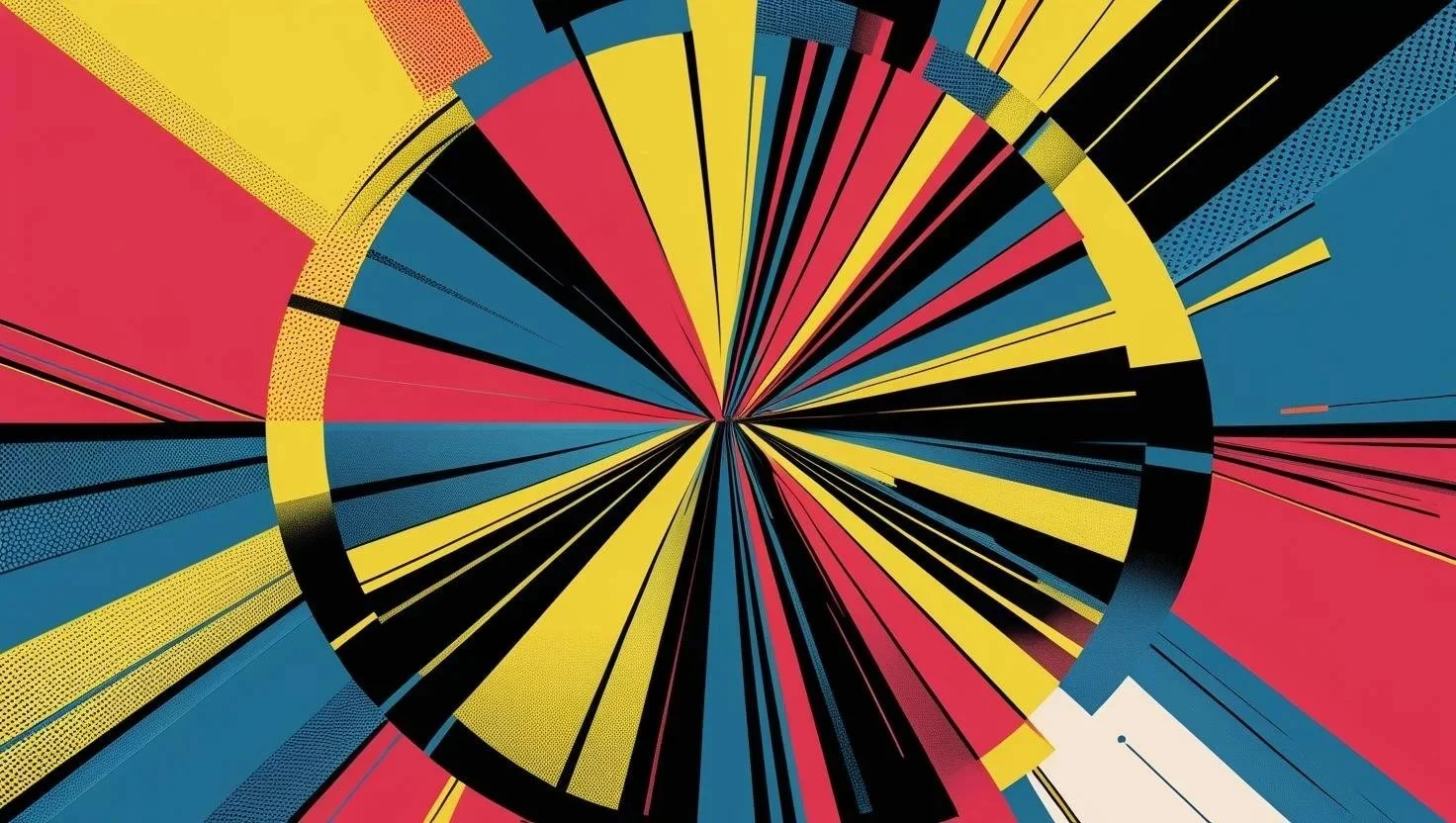 Abstract digital art with vibrant radial pattern of colorful geometric shapes including yellow, red, blue, black, and white lines emanating from the center.