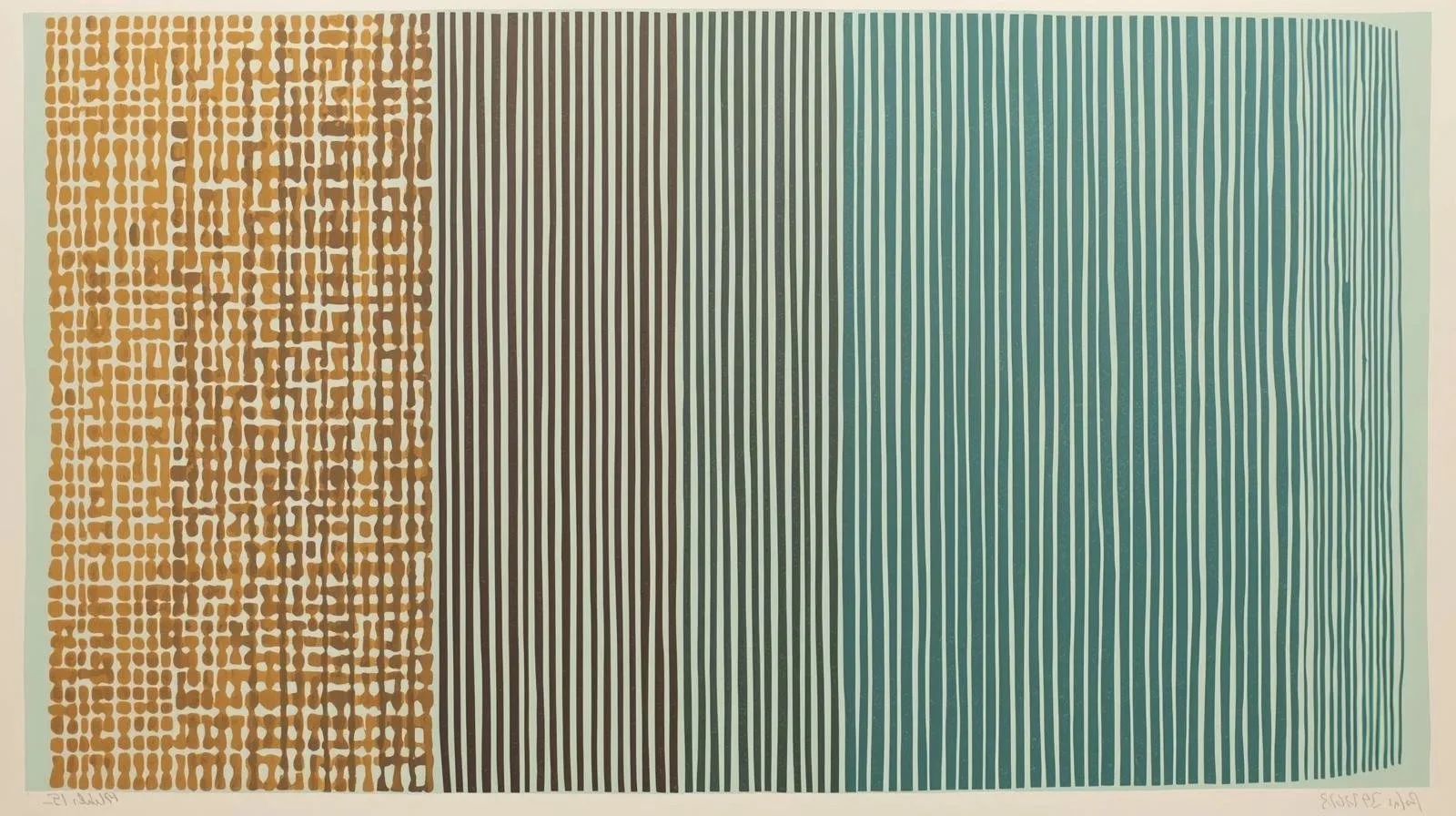 Colorful abstract geometric artwork with radiating lines, triangles, and circles in yellow, pink, blue, green, orange, and black.