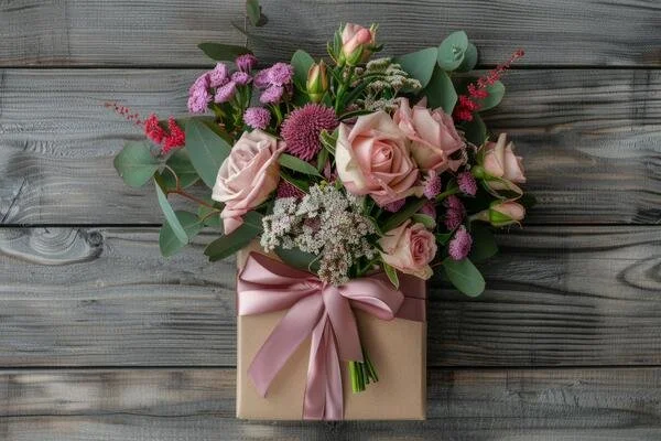 ai-generated-gift-box-tied-with-ribbon-and-a-bouquet-of-flowers-on-wooden-background-generative-ai-photo.jpg