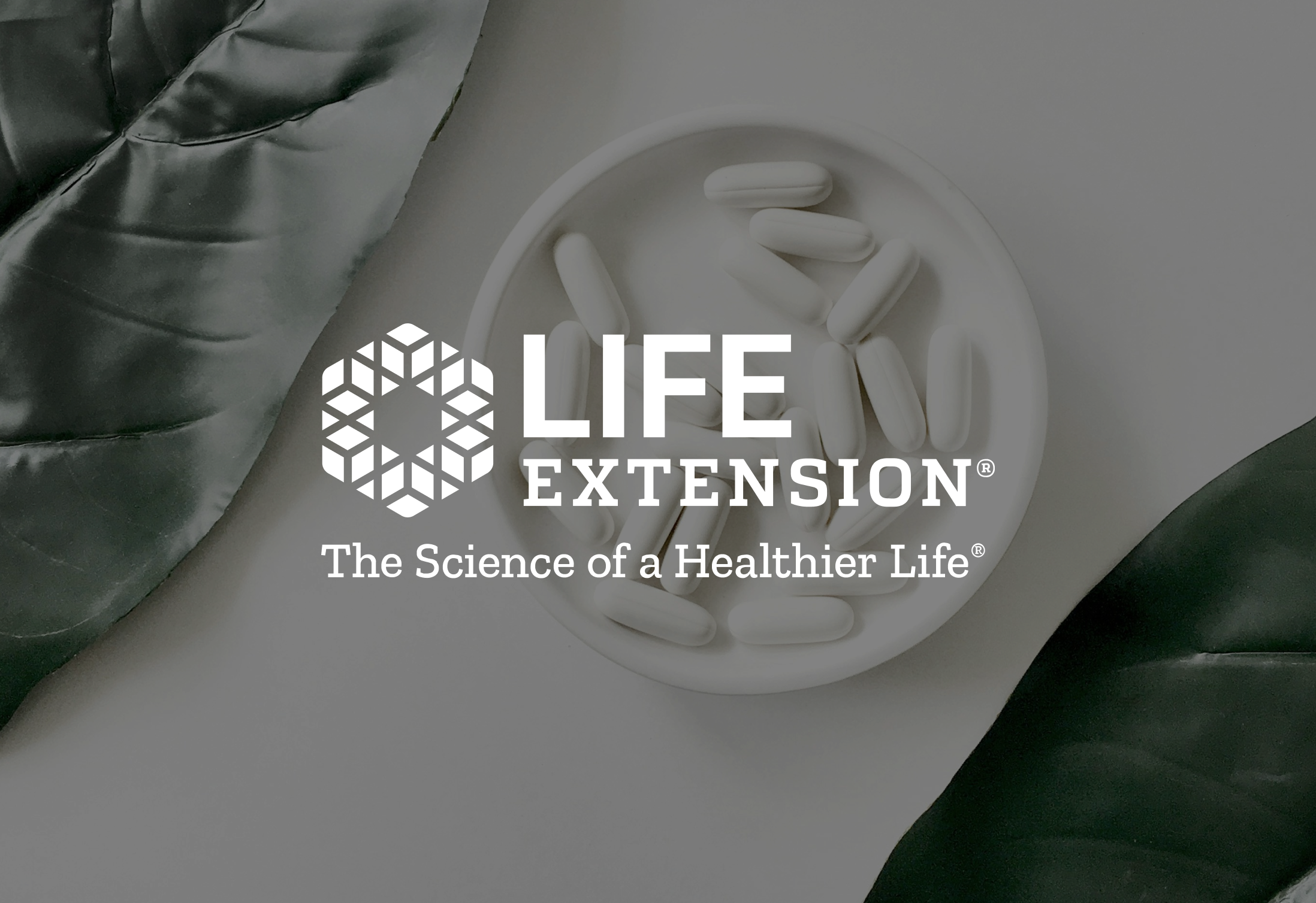 A white dish with white capsules, with the Life Extension logo and slogan 'The Science of a Healthier Life' overlaid on the image.