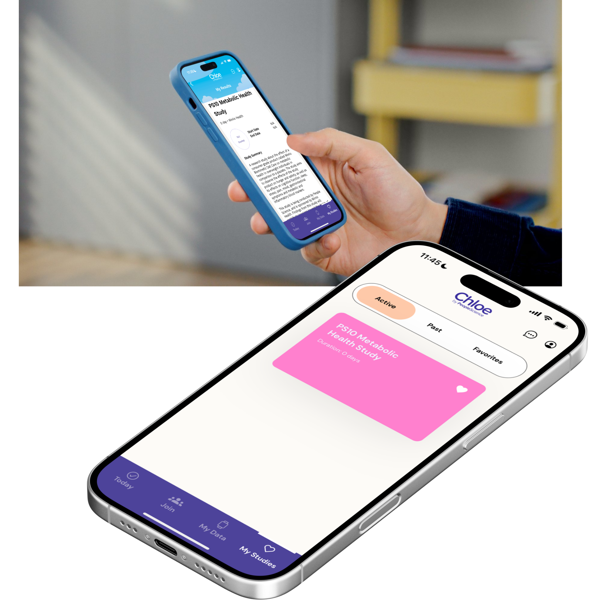 Close-up of a smartphone displaying a health study app with a pink card labeled 'PS10 Metabolic Health Study' in a white and purple interface.