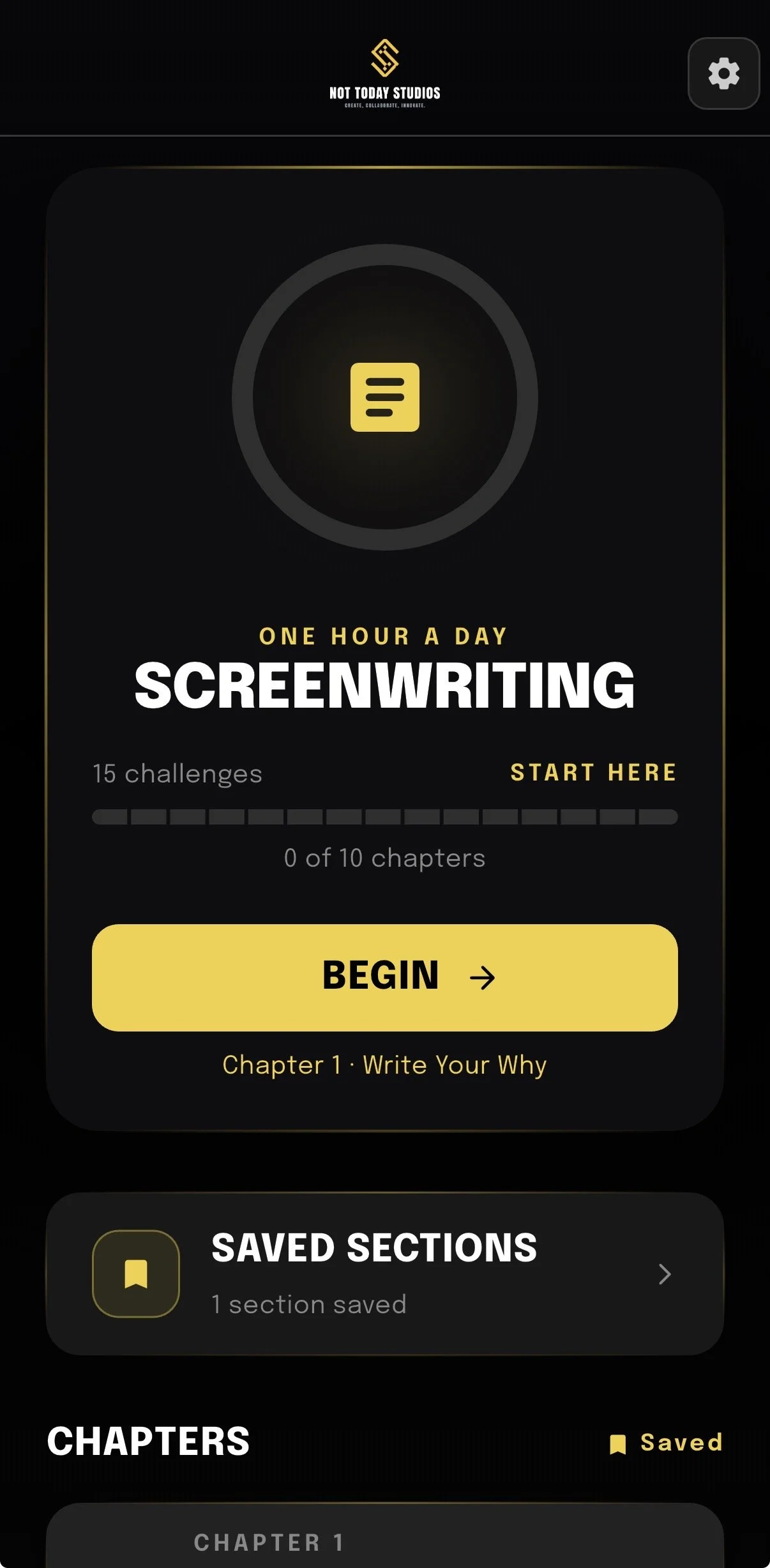 Screenwriting: One Hour a Day app showing its start screen and saved sections.
