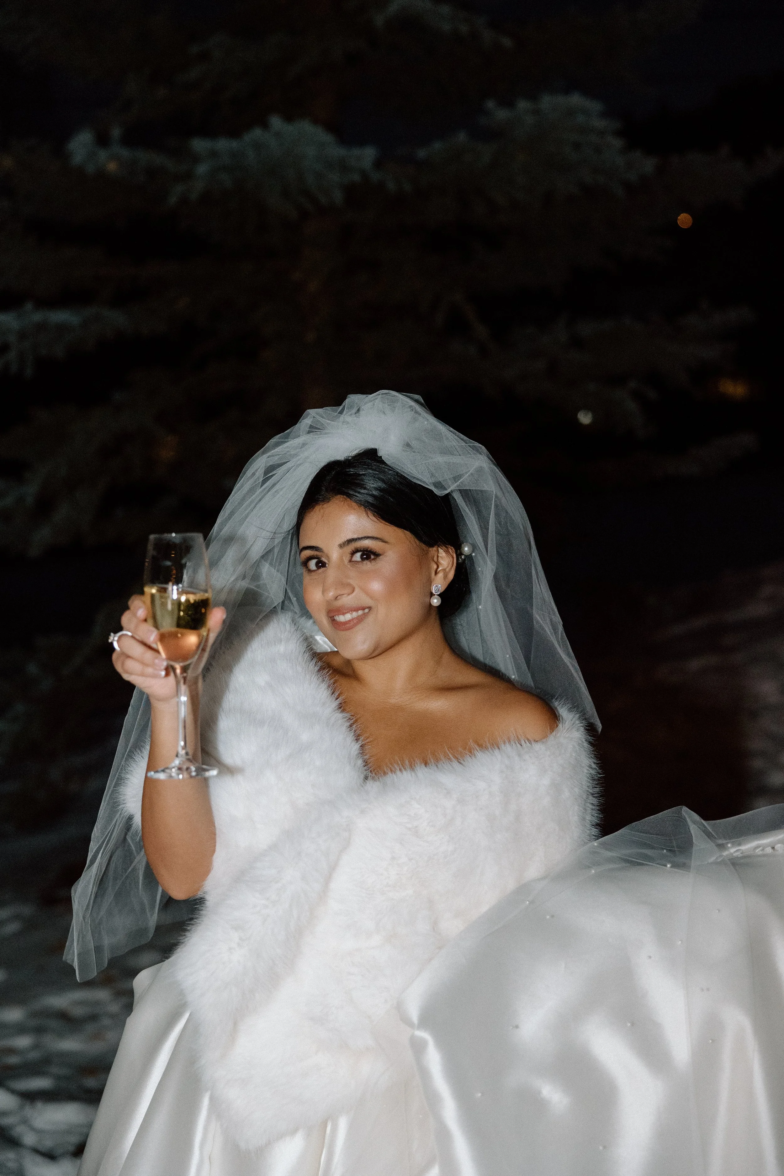 A bride in a white wedding gown and veil holding a glass of champagne with her left hand, looking at the camera against a dark, rocky background at night.