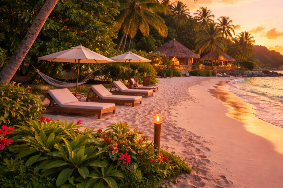 Luxury tropical beach resort with lounge chairs at sunset