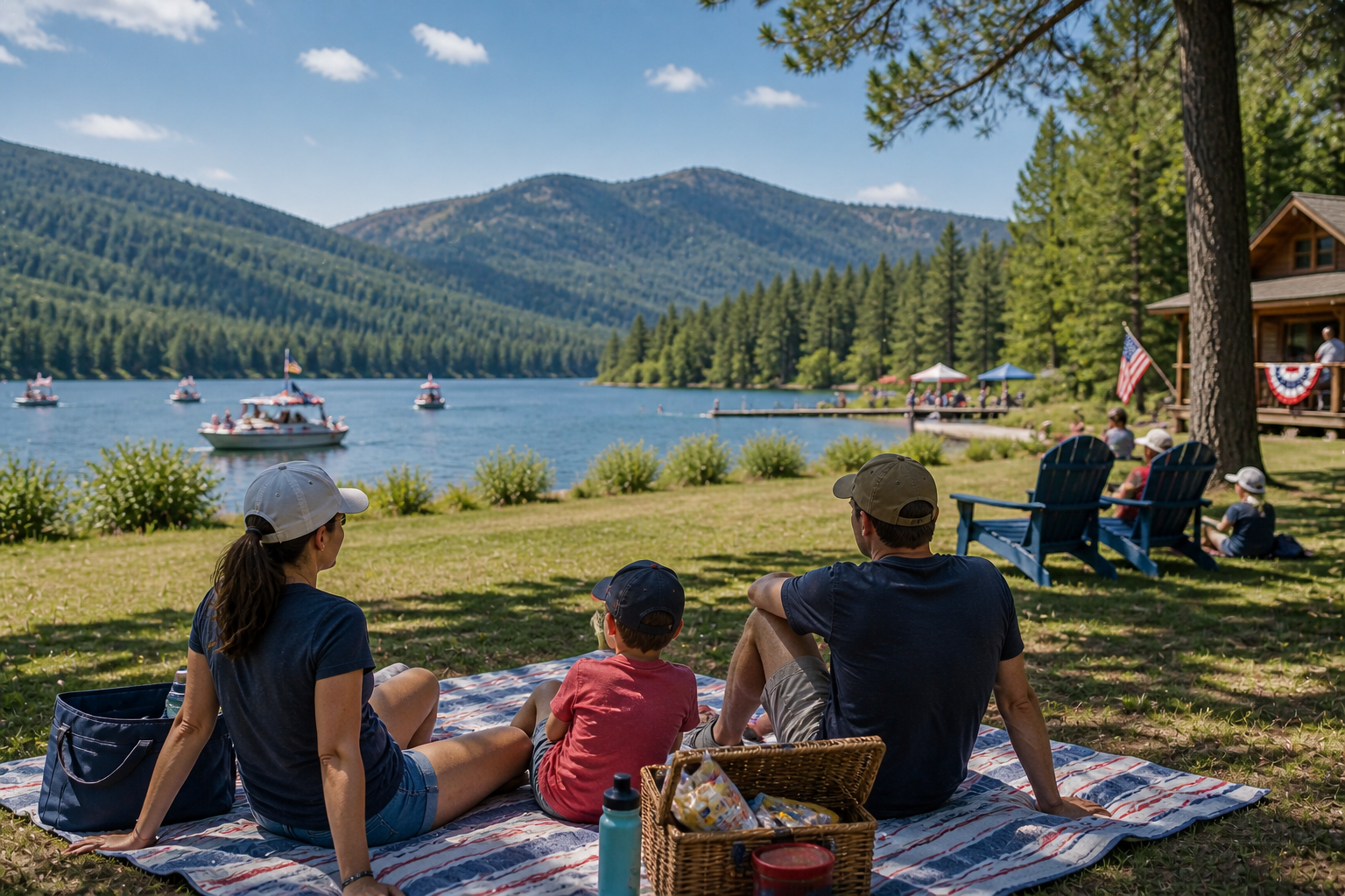 A family enjoys a peaceful Fourth of July getaway on a spacious lakeside lawn, relaxing on a picnic blanket with plenty of personal space while distant patriotic boat activity and subtle holiday celebrations unfold calmly across the water.