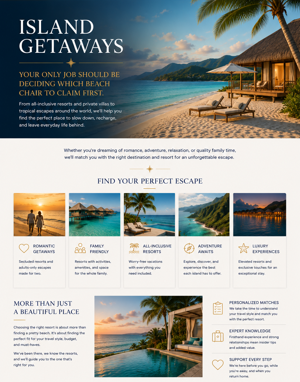 An advertisement for island getaways featuring a beachside resort with lounge chairs and a thatched-roof hut, with mountains in the background and a partly cloudy sky.