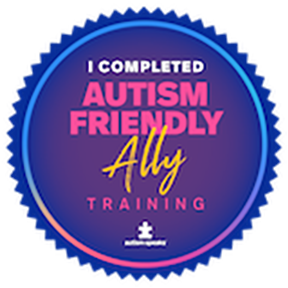 Circular badge with a blue background saying 'I completed autism friendly ally training' in pink and yellow text.