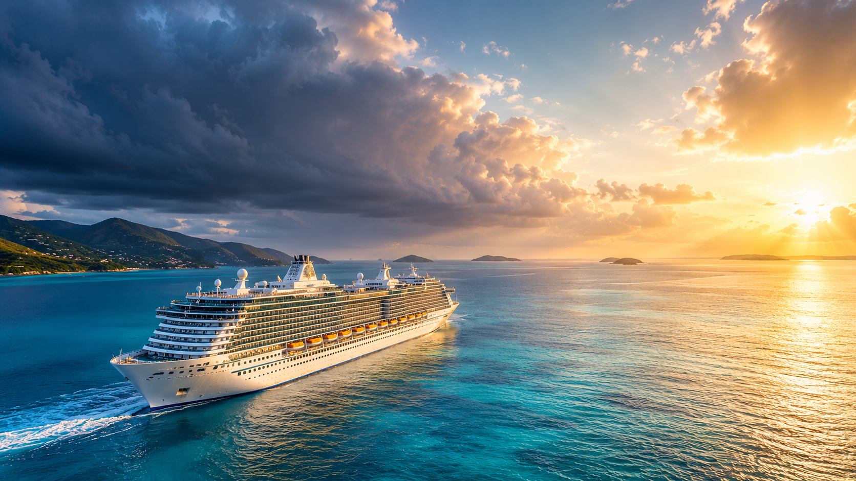 Cruise ship sailing across calm ocean waters at sunset against a cloudy sky.