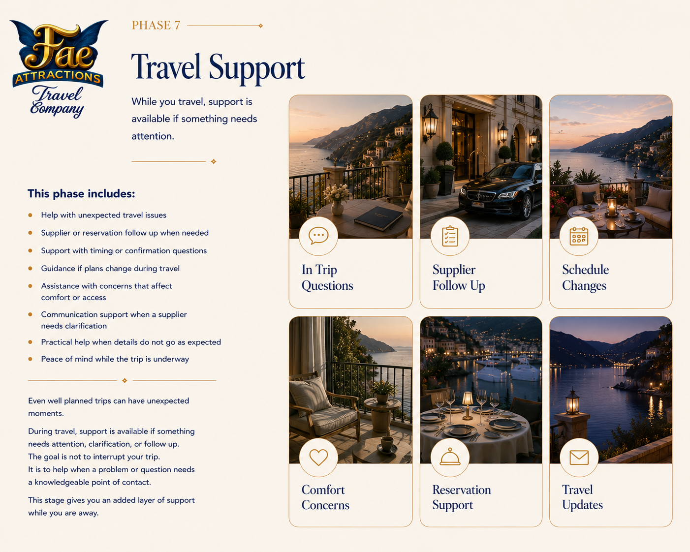 Page from a travel company's guide about support services during trips, featuring images of a balcony view, luxury hotel exterior, outdoor dining, and marina, with icons and text for in trip questions, supplier follow-up, schedule changes, comfort concerns, reservation support, and travel updates.