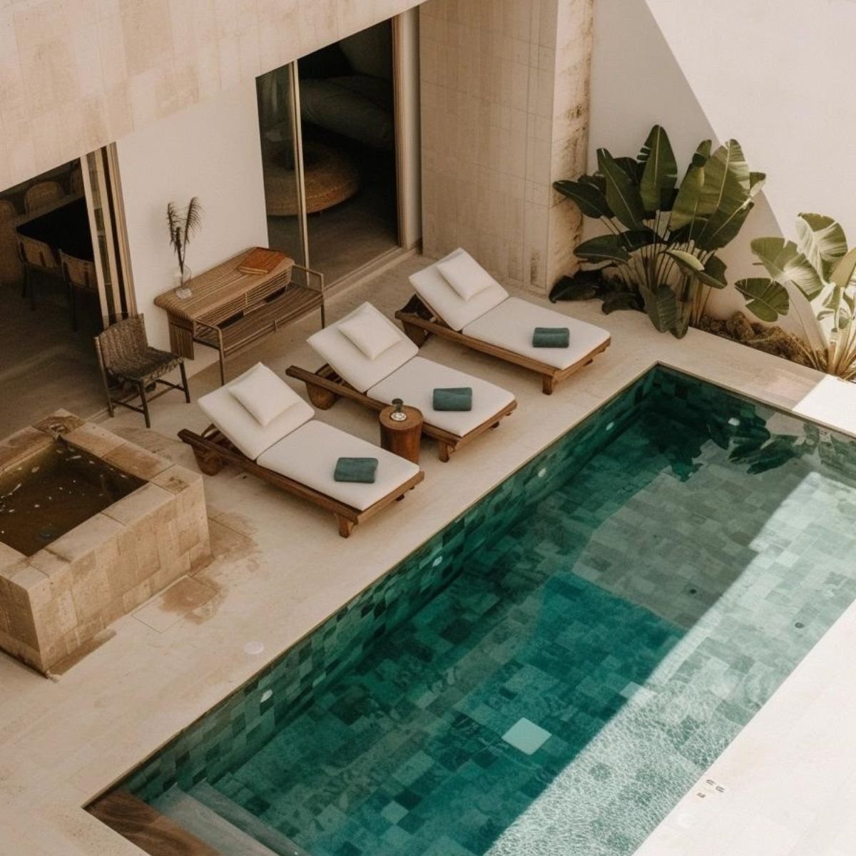 A luxurious swimming pool area with three wooden lounge chairs with white cushions and rolled towels, a small side table, a fire pit, large green tropical plants, and a seating area with wicker chairs and a table in the background.