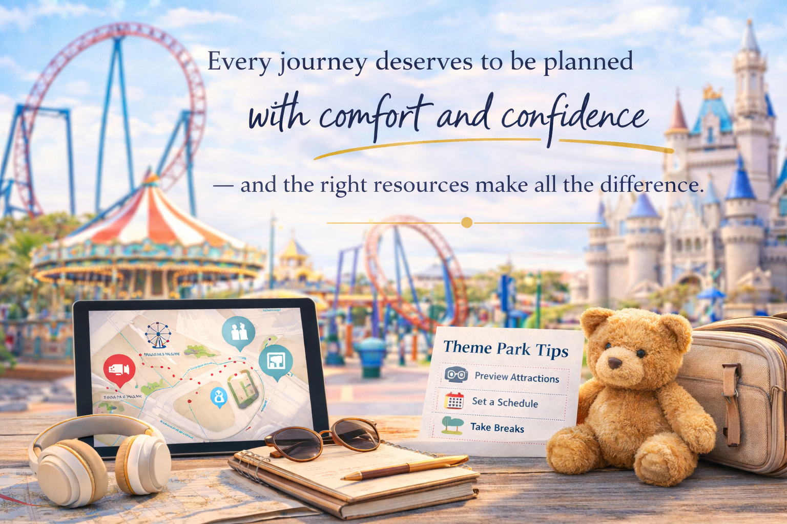 Theme park travel planning scene with headphones map and travel items representing sensory friendly travel preparation
