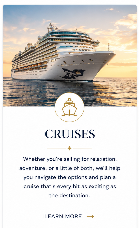 A large white cruise ship sailing on calm waters at sunset with a golden sky.