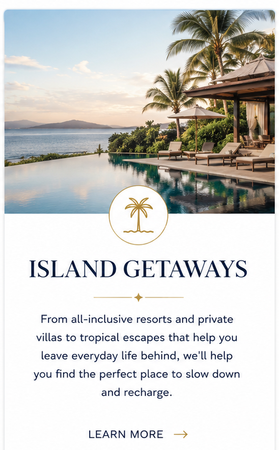 A luxurious infinity pool overlooking a tropical beach with palm trees, lounge chairs, a gazebo, and distant mountains at sunset.