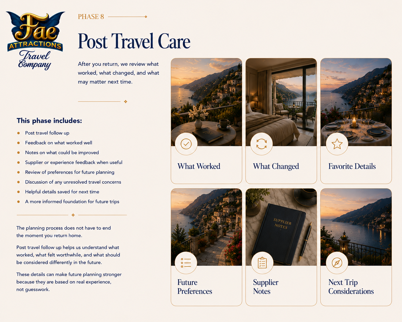 Screenshot of a travel company's post-travel review webpage titled 'Post Travel Care'. The page includes sections with images of a scenic coastal view, a hotel room, a dinner table, a terrace, a notebook labeled 'Supplier Notes', and text about travel follow-up and planning.