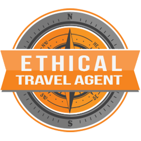 A compass with orange, black, and gray colors, with a banner across the middle that says "Ethical Travel Agent."