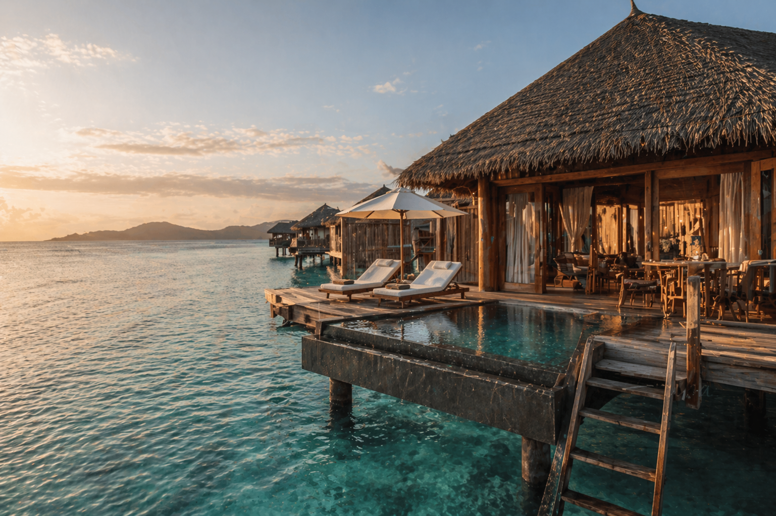 Overwater bungalows on a tropical Caribbean beach with clear blue water