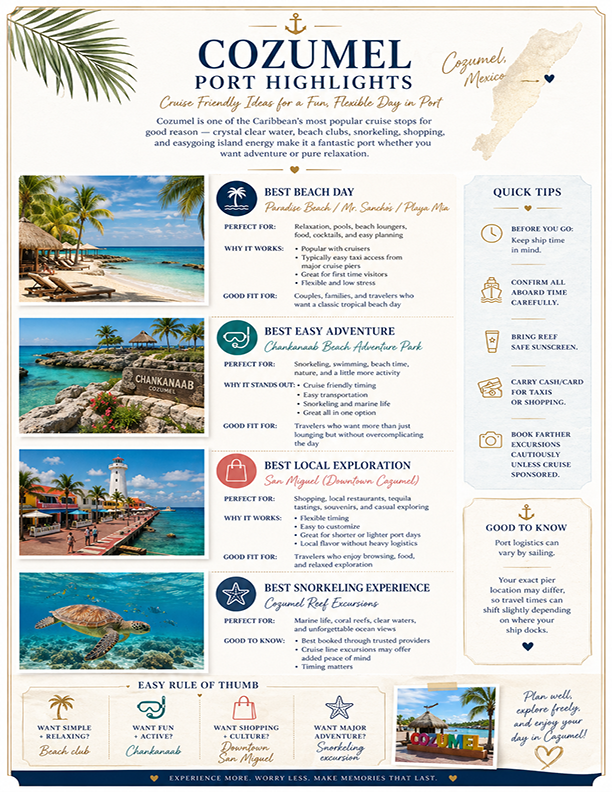 Travel guide for Cozumel, Mexico, highlighting top activities: best beach day at Paradise Beach, best easy adventure at Chankanaab Park, best local exploration at San Miguel Downtown, best snorkeling experience at Cozumel Reef, with tips for travelers and a small map of Mexico.