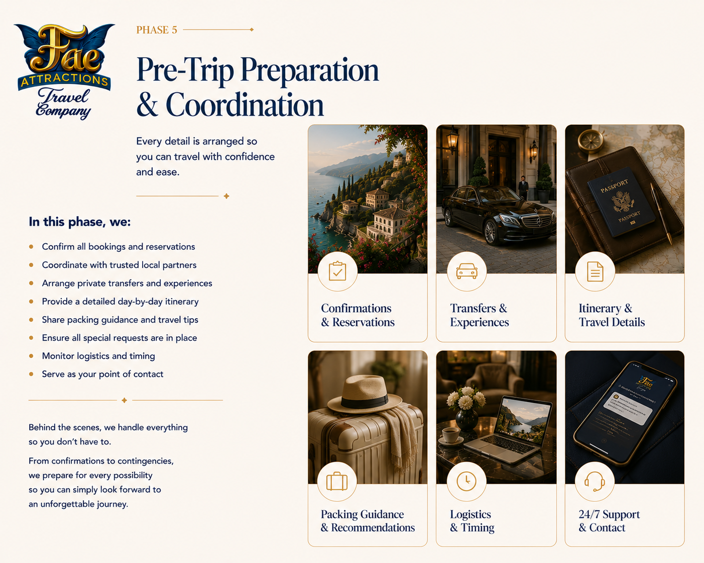 An informational webpage for a travel company's pre-trip preparation and coordination services, featuring images of a scenic landscape, luxury car, passport, suitcase with a hat, laptop, and phone with the company's app.