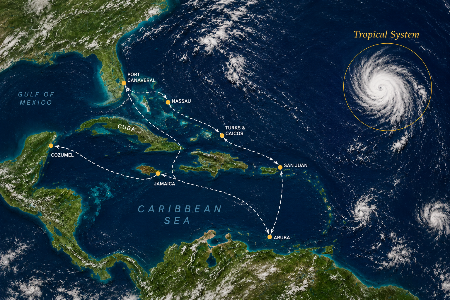 Satellite view of a developing tropical system during hurricane season.