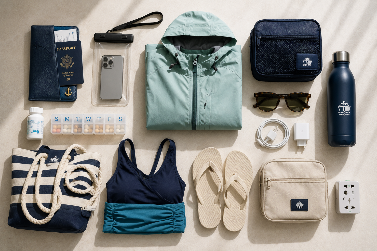 Cruise travel essentials including a passport, medications, travel insurance information, and weather-appropriate clothing neatly arranged before packing.