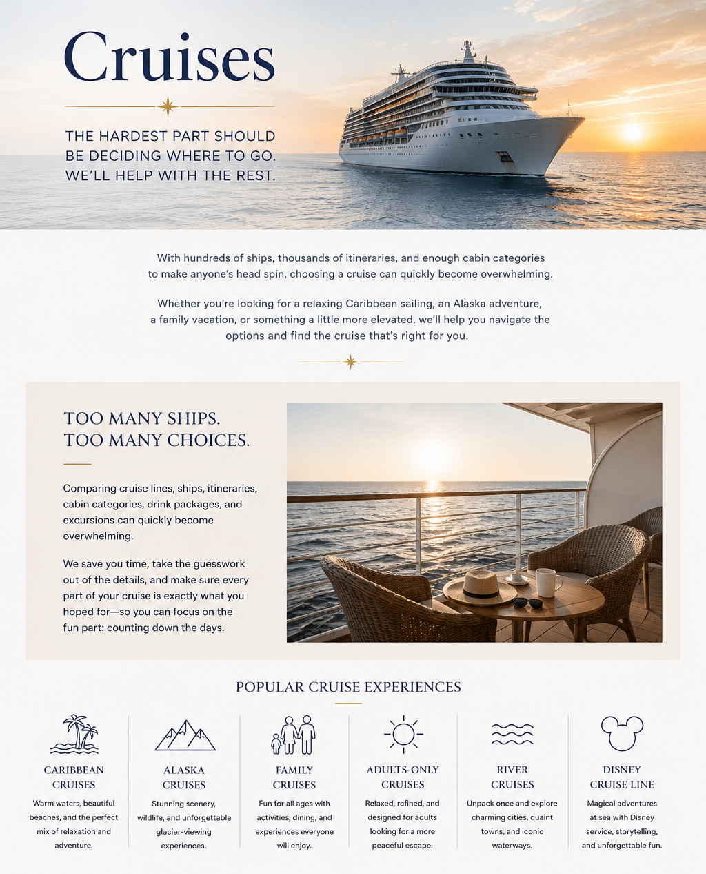 An infographic about cruise vacations featuring an image of a large cruise ship at sunset. The text highlights the variety of options and advice for choosing a cruise, and includes icons representing different cruise experiences such as Caribbean, Alaska, family, adults-only, river, and Disney cruises.