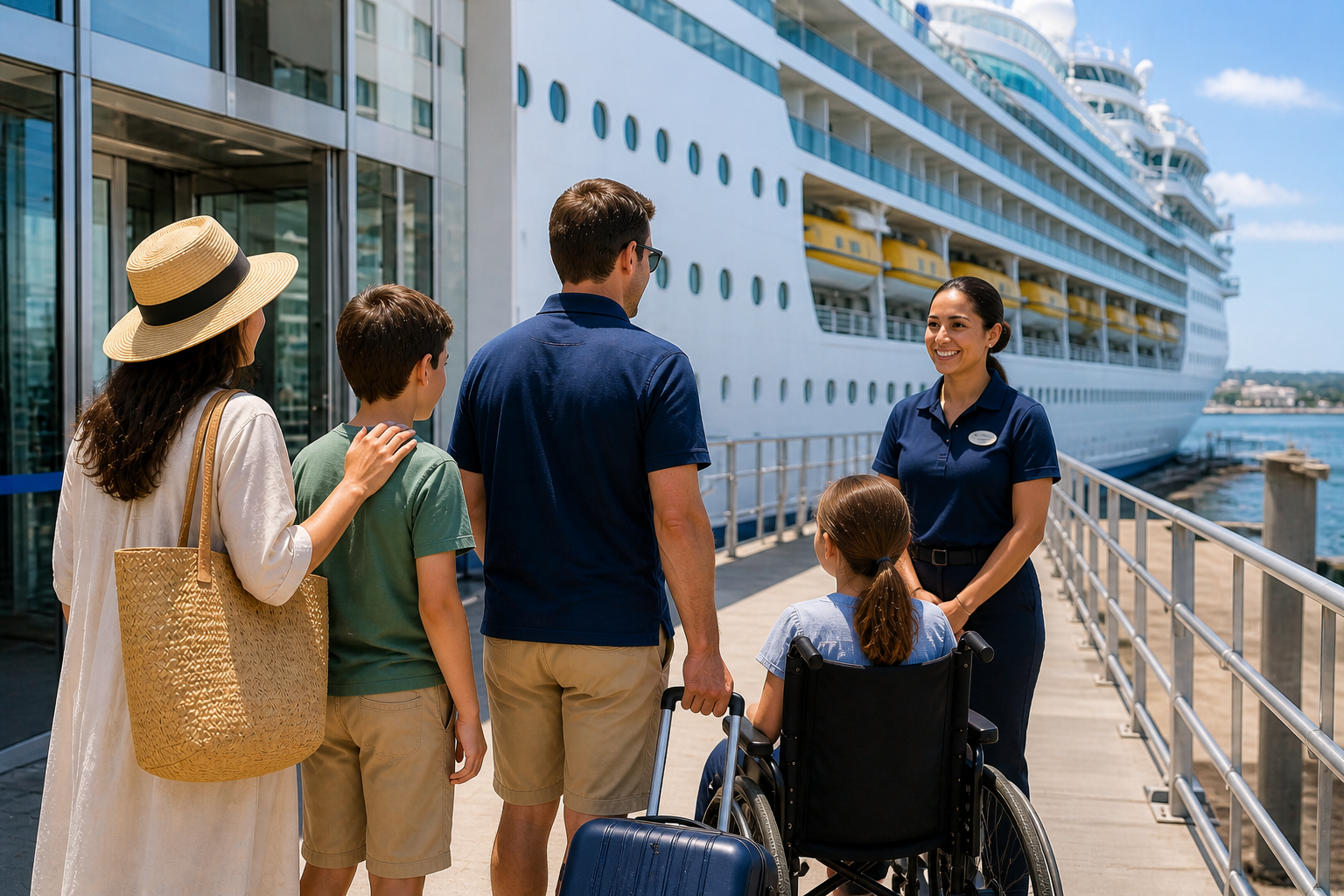 Family boarding a modern cruise ship with supportive staff assistance, spacious embarkation access, and inclusive family friendly travel planning