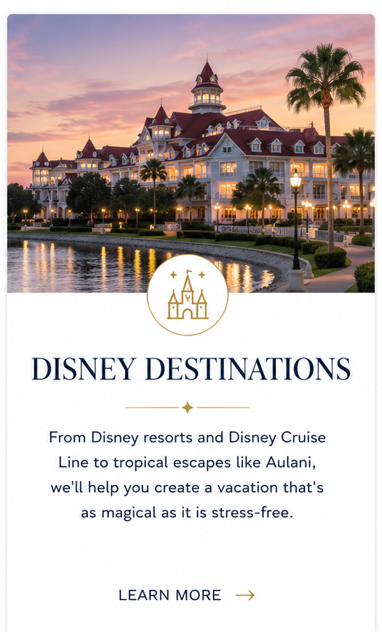 A large, elegant Disney resort hotel at sunset with a pond in the foreground, surrounded by palm trees and pathways, featuring multiple towers with red roofs.