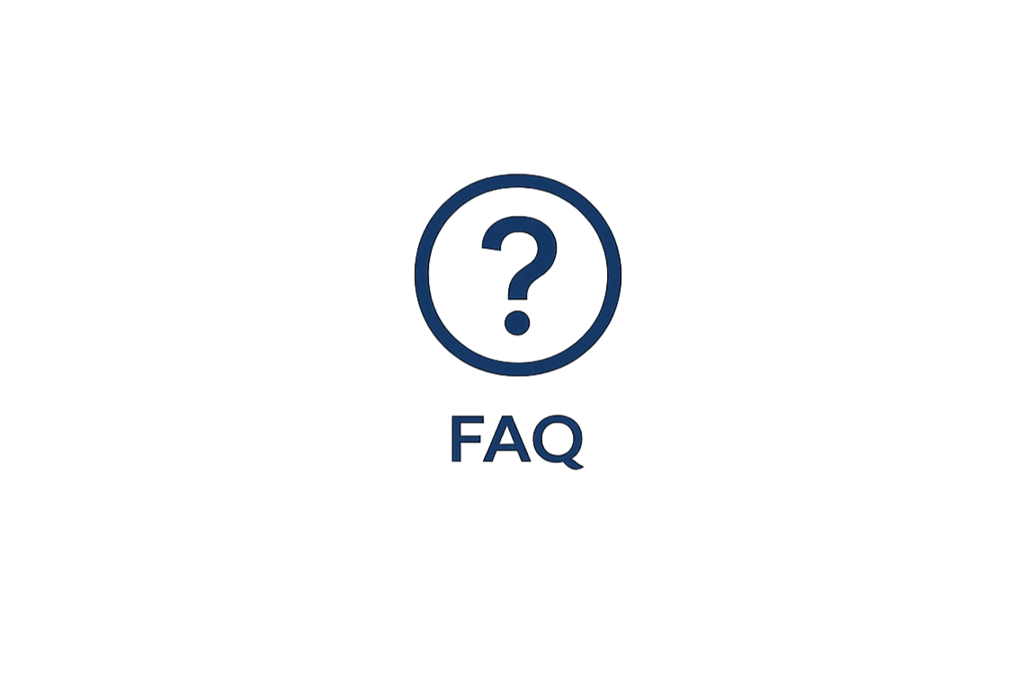 Icon of a question mark inside a circle above the text 'FAQ' with a focus on frequently asked questions.