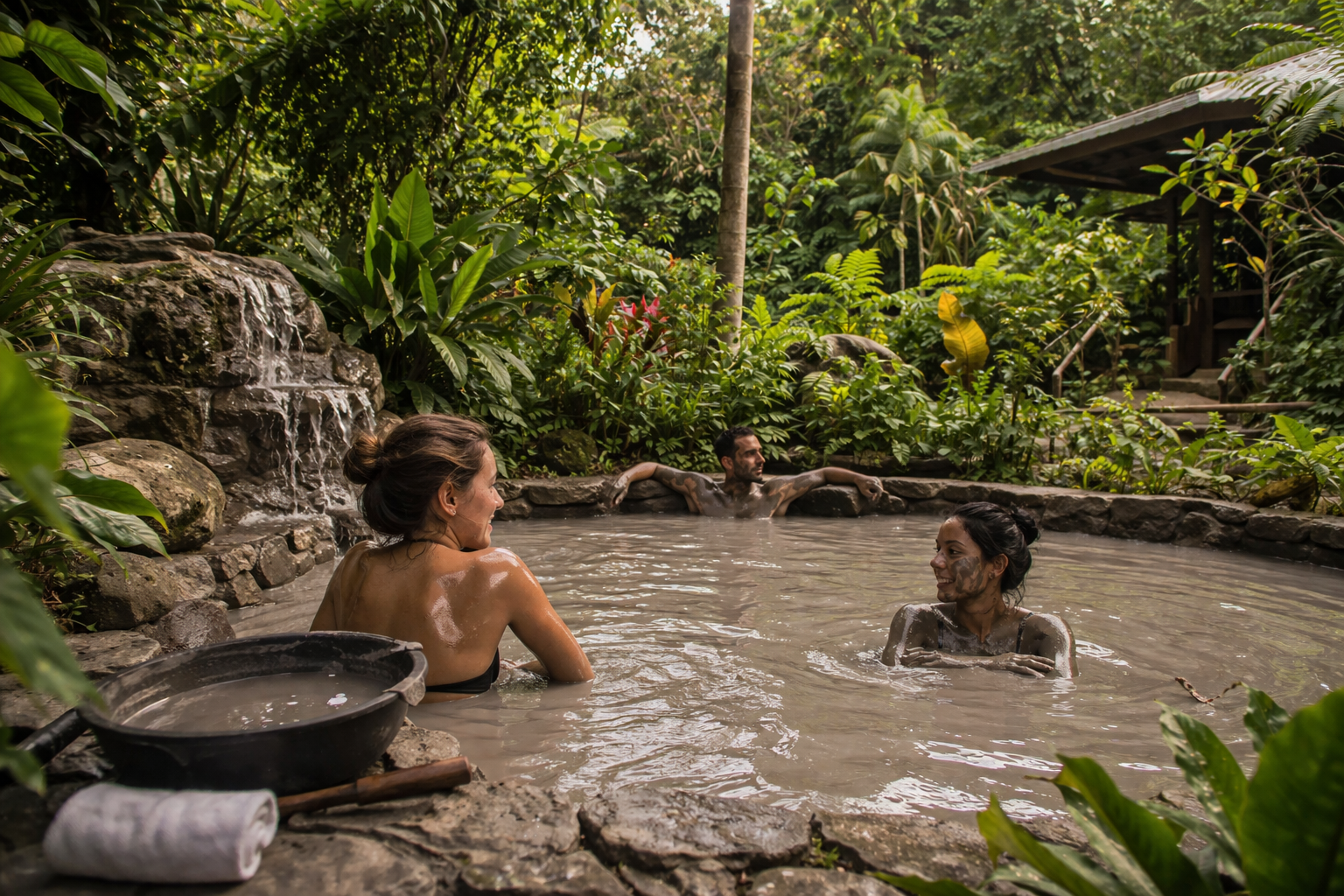 Travelers enjoying a luxurious volcanic mud bath in St. Lucia surrounded by lush tropical rainforest, natural stone pools, and serene wellness spa atmosphere