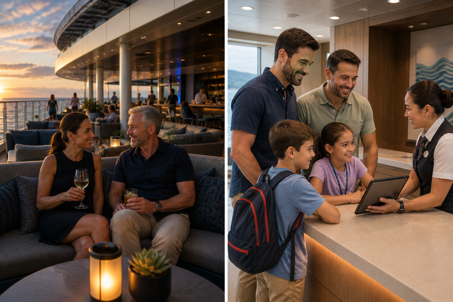 Split image comparing refined adult focused cruise luxury with structured family centered cruise planning, featuring an upscale couple’s deck experience alongside organized family guest support
