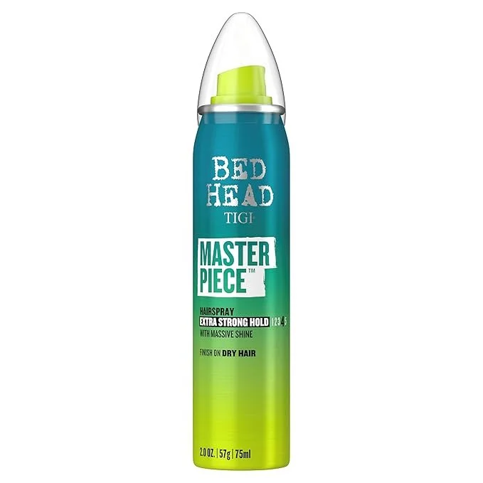 A can of Bed Head TIGI Master Piece hairspray with extra strong hold, 7.5 ounces, designed for dry hair.
